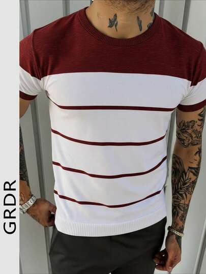 GRDR 男士夏季条纹针织圆领短袖衬衫，适合休闲办公穿着