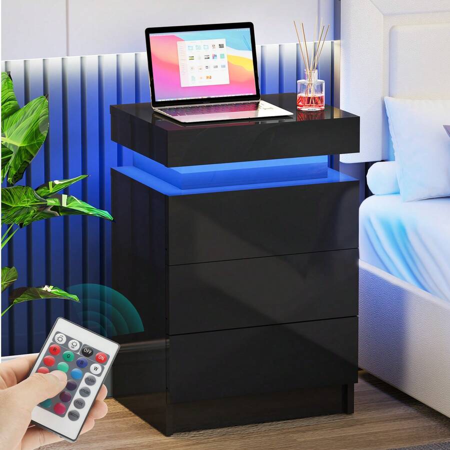 OYAJIA Hochglanz Nachttisch mit LED Beleuchtung Moderner Nachtschrank Nachtkommode mit 3 Schubladen & Flip Cover für Wohnzimmer Schlafzimmer Schwarz Beistelltisch 45x35x67cm - Schwarz - Übersicht 1