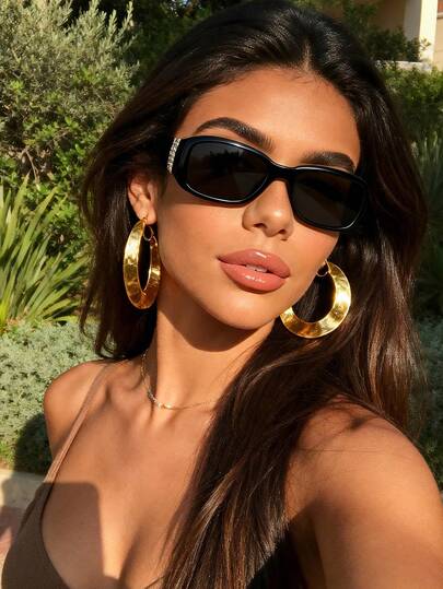 1pc Rectangular Small Frame Women's Fashion Glasses, Rhinestone Decorated Temples, Versatile For Casual Wear, Parties, Vacations