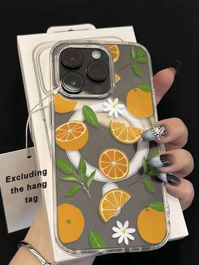1pc Fresh Orange Pattern Transparent Magnetic Phone Case, Couples Phone Case For Valentine's Day, Compatible With IPhone 17 Pro Max/16 Pro Max/15 Pro Max/13/15/16/17 Pro/14/11, Fashionable Transparent Fresh Orange Magnetic Phone Protective Cover