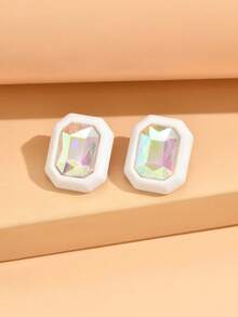 2只长方形水钻耳钉，清新甜美时尚耳钉，可爱少女风，适合日常、通勤和聚会佩戴。 - 長方形帶鑽耳釘 - 查看 14