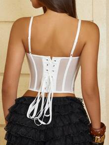 Yuwenier elegantes, sexy weißes Spitzen-Kontrast-Durchsichtig-Korsett-Oberteil mit Knochen, asymmetrischem Saum, Schnürung hinten, verstellbaren Trägern, Formwäsche, Crop Tube Top für Valentinstag, Dates, Musikfestivals, Frühling, Sommer, Hochzeitssaison für Frauen - Weiss - Übersicht 2