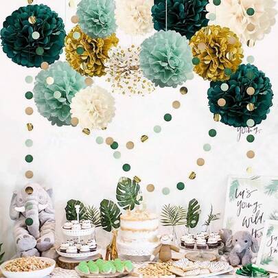 15个深绿色蜂窝纸花球，适合生日派对、商场橱窗装饰