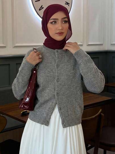 Livesso 1 件女士纯色简约针织开衫，秋季服装