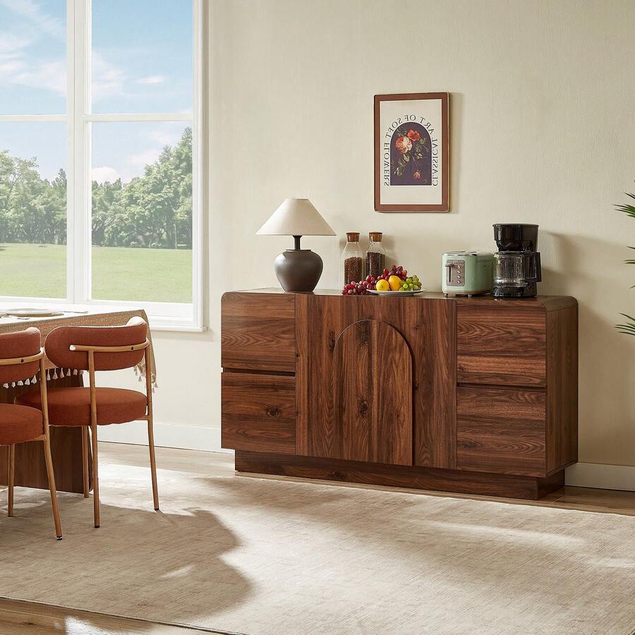 ONBRILL 60 Inch Sideboard With 4 Drawers, Curved Design Buffet Cabinet With Arched Doors & Adjustable Shelves, Mid Century Modern Accent Cabinet For Living Room, Dining Room, Entryway, Black - Quả óc chó - Xem 1
