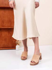 Women's Wooden Grain Insole Slippers, Summer Casual Chunky Heel Open Toe Mules, Fashion Platform Slides - Camel S272 - View 3