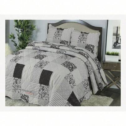 3 Piece Patchwork Reversible Bedspread Quilt Comfort Bed Throw Set Double & King