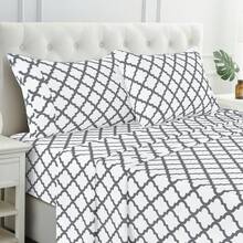 Lux Decor 4 Pieces Quatrefoil Bed Sheets - Stylish Comfy Bedding Set - Hotel Luxury Skin Friendly Cooling Sheets & Pillowcases Without Filler - Classic Collection With 16 Inches Deep Pocket - Shrinkage & Fade Resistant, Valentine's Day Bedroom, Spring Bedding Refresh, Guest Room Essentials, Dorm Room Bedding, Premium Bed Linens, Easy Care Sheets, Hypoallergenic Fabric, Year-Round Comfort, Master Bedroom Update, Matching Bedding Set, Hotel Quality Linens - 白色和灰色 - 查看 2