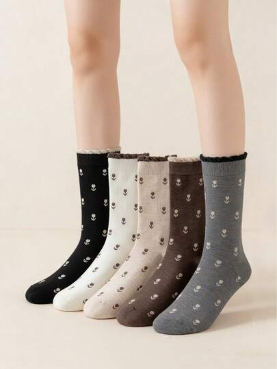 1/3/5 Pairs Women's Mid-Calf Socks With Tulip Lace Pattern, Soft Breathable Comfortable Socks, Versatile Daily Wear, Cute & Fashionable College Style
