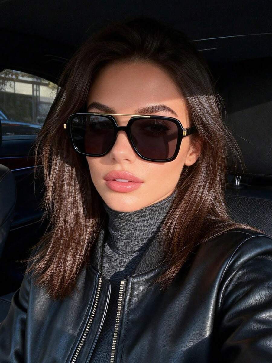 1pc New Oversized Square Double-Bridge Fashion Glasses, High-End European And American Style Women Glasses - phim xám khung đen - Xem 1