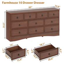 63"W Dressers For Bedroom, Grey Dresser With 10 Deep Drawer, Long Dressers & Chests Of Drawers For Clothes, Easy Pulls Handle, Textured Borders, For Living Room, Hallway,Taupe Grey - Cherry Wood - 查看 2