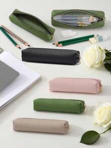2025秋冬流行INS风极简文具PU皮笔袋，兼具时尚与实用性，金色拉链PU笔袋，经久耐用，适合办公和旅行使用。多功能学生可爱日系化妆刷收纳袋，化妆包，迷你化妆刷袋，眉刷收纳袋，高品质仿皮笔袋 - 彩色 - 查看 12