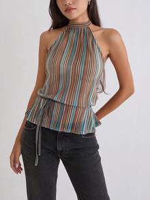 Women's Chiffon Halter Pleated Tank Top Casual Sleeveless Tie-Up Open Back Side Tie Blouses Summer Tops - Nhiều màu - Xem 2