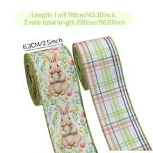 2 Rolls Easter Wired Edge Craft Ribbon, Spring Floral Bunny Wired Ribbon Watercolor Easter Bunny Floral Fabric Ribbon For Gift Wrapping, Floral Decor, Bows, DIY Crafts - Multicolor - View 8