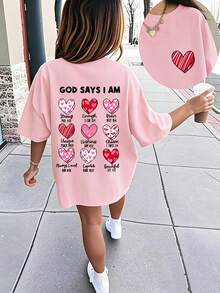 Tween Girl "God Says I Am Enough..." Inspirational Slogan 3D Heart Grid Cartoon Print T-Shirt, Suitable For Casual, Street, Travel & Holiday Wear, Fashion Girl Summer Top - Pink - View 3