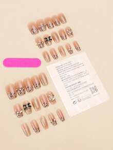 30片方形/3D黑色蝴蝶结仿珍珠水晶美甲贴纸，附赠果冻胶和指甲锉，适合派对和日常使用，可重复使用，提升您的美甲优雅气质。 - 彩色 - 查看 2