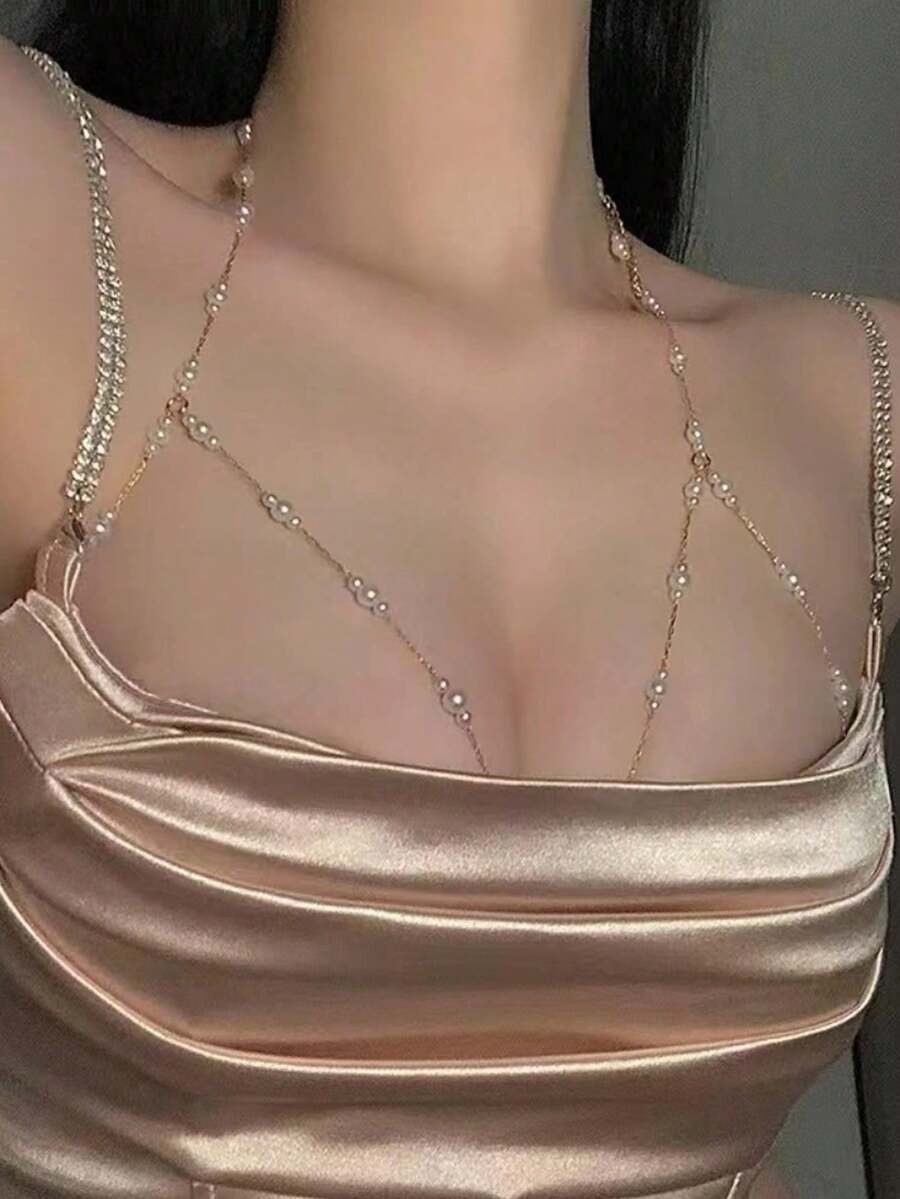 1pc Bohemian Style Sexy Faux Pearl Bikini Body Chain, Suitable For Women's Daily, Date, Party Wear, Great Gift For New Year, Valentine's Day, Mother's Day For Your Loved One - Gold - View 1