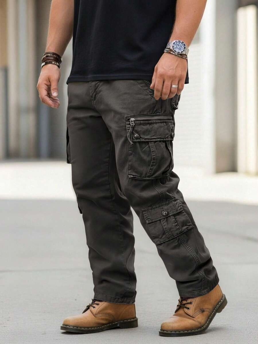 Plus Size Men's Cargo Pants - 100% Washed Cotton, Outdoor Multi-Pockets, Loose Fit Style, Suitable For Street Wear, Outdoor Activities, Daily Casual Wear And Weekend Outfits,Pantalones De Hombre,Mens Clothes - 深灰色 - 查看 1