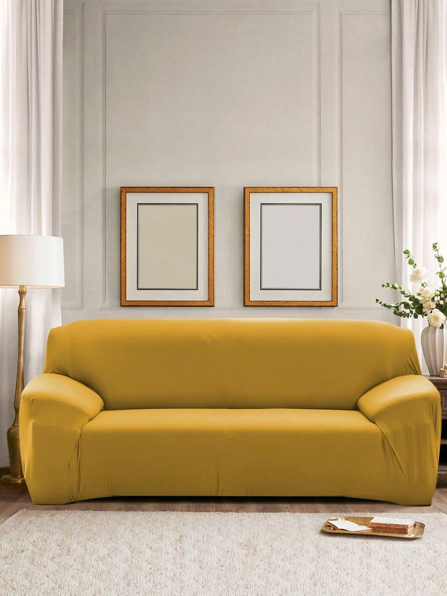 1 pieza Funda de sofá de unicolor, moderna y minimalista, de poliéster elástico, extraíble y lavable a máquina, adecuada para sala de estar, comedor, estudio, dormitorio, uso doméstico - Amarillo ante - Ver 1