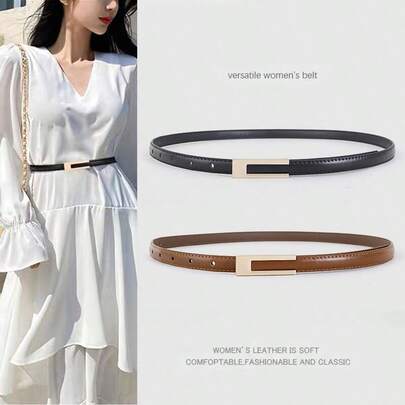 1pc Women's PU Leather Skinny Waist Belt With Buckle