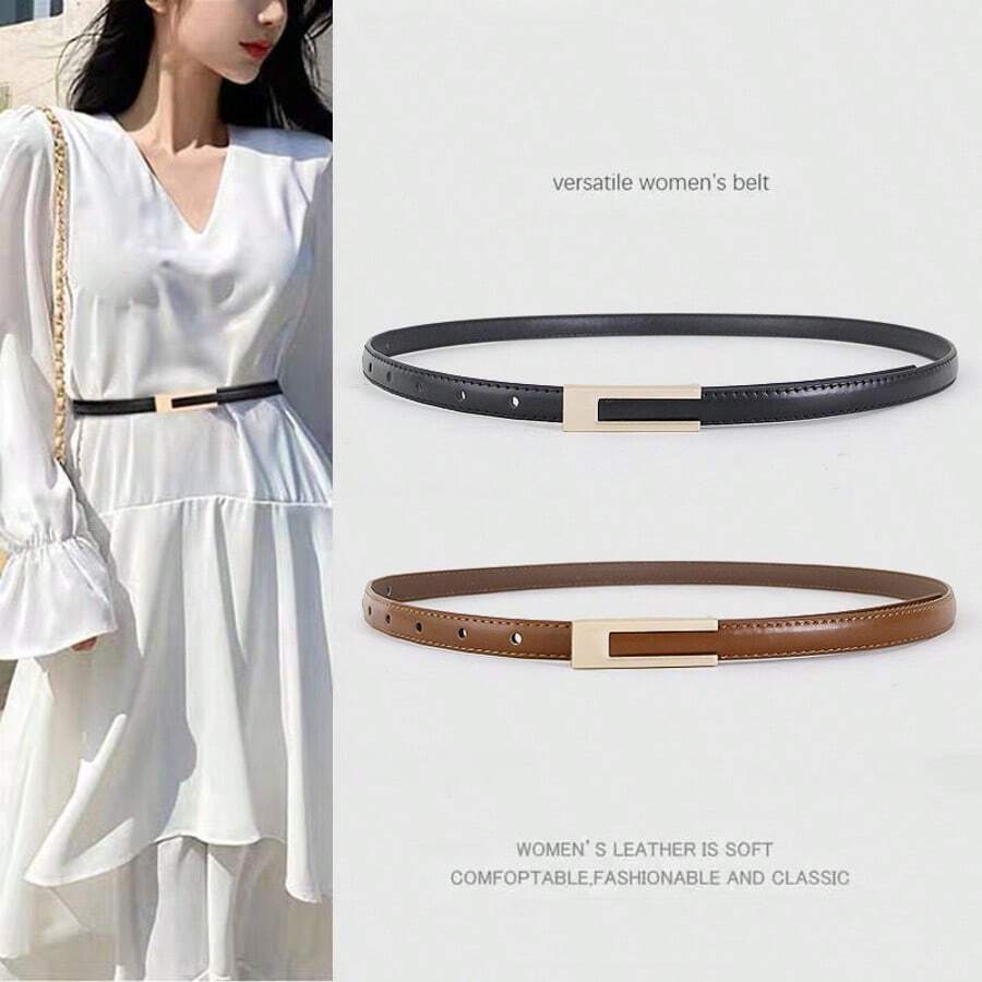 1pc Women's PU Leather Skinny Waist Belt With Buckle - Multicolor - View 1