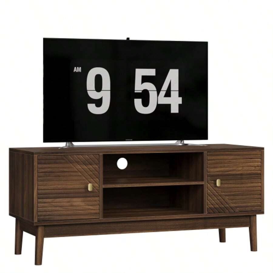 110cm TV Stand, Mid-Century Modern Style, Compatible With 32/45 Inch TVs, Multimedia Unit With Storage, Console For Living Room And Bedroom, Walnut - Brown - View 1