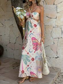 Women's Summer Bohemian Style Butterfly Print Spaghetti Strap Dress With Backless Tie Design, Flowy Beach Holiday Dress Party - Apricot - View 6
