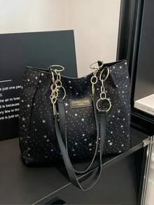 时尚条纹手提包 - 女士大容量单肩包 - 拉链托特包，适合日常使用 - 简约链条单肩托特包，适合青少年女孩、大学生、职场新人及白领，完美适用于办公室、工作、商务、通勤，闪亮亮片图案，是女士最佳工作包之选。 - 黑色 - 查看 2