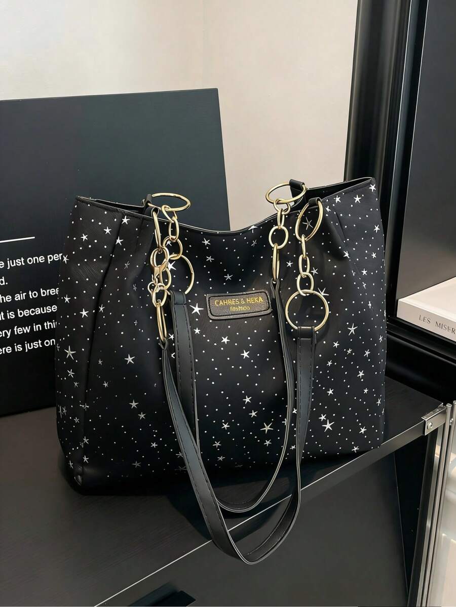 时尚条纹手提包 - 女士大容量单肩包 - 拉链托特包，适合日常使用 - 简约链条单肩托特包，适合青少年女孩、大学生、职场新人及白领，完美适用于办公室、工作、商务、通勤，闪亮亮片图案，是女士最佳工作包之选。