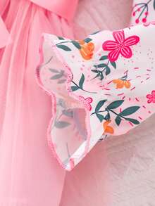 1pc Young Girl Long Sleeve Floral Print Collared Mesh Dress With Waist Tie - Pink - View 6