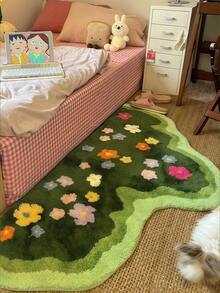 1块1000克加厚防起球花卉图案防滑柔软无异味装饰地毯，可爱花园风格毛绒地垫，适用于卧室、客厅、宠物区 - A - 查看 5