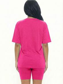 2pcs Loose Fit Top & Biker Shorts Set For Women, Solid Color Round Neck Machine Washable Comfy Basic Loungewear Sets For Summer Spring Fall - 紫紅色 - 查看 3