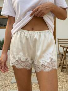 Women's Lace Trim Shorts Casual Loose Fit Stylish Elastic Mid Rise Shorts For Spring/Summer - Champagne - View 2