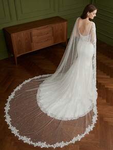 1pc Luxurious Lace Trim Pearl Beaded Wedding Cape, Cathedral Length Detachable Brooch Bridal Cloak, Party, Gala, Banquet, Runway Dress Accessory - A - View 2