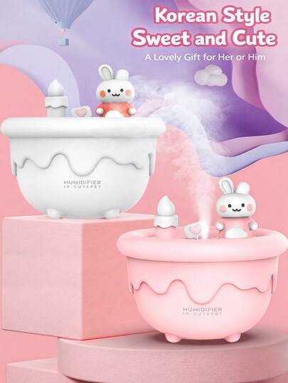 1个USB供电的魔法兔子夜灯加湿器，超静音雾化加湿器，带7色LED灯、智能定时器、小巧尺寸、高雾量输出，包含Type-C数据线，卧室书桌睡眠伴侣