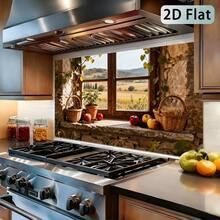 1pc 2D Flat Self-Adhesive Kitchen Wall Sticker | Rustic Stone Wall & Wooden Window & Country Apple Basket Style, Removable Kitchen And Living Room Splashback Wallpaper, Glossy Vinyl, 55 X 100 Cm - Style 1 - View 6