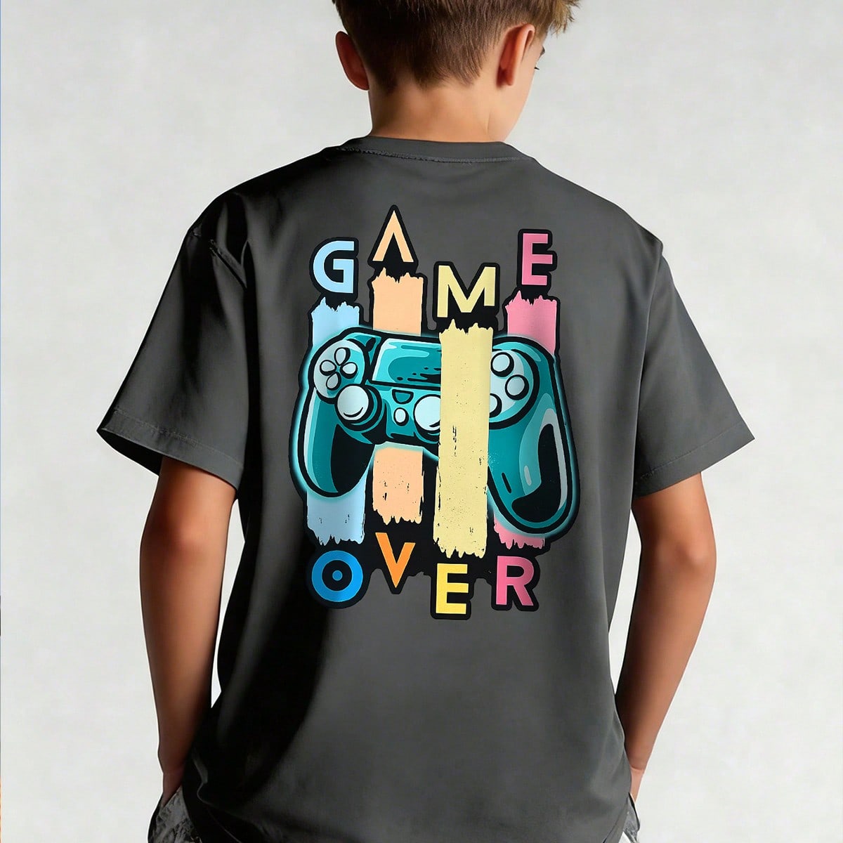 Camiseta holgada para niños con estampado de mando de juego "Game Over", top de verano estilo callejero para niños gamers