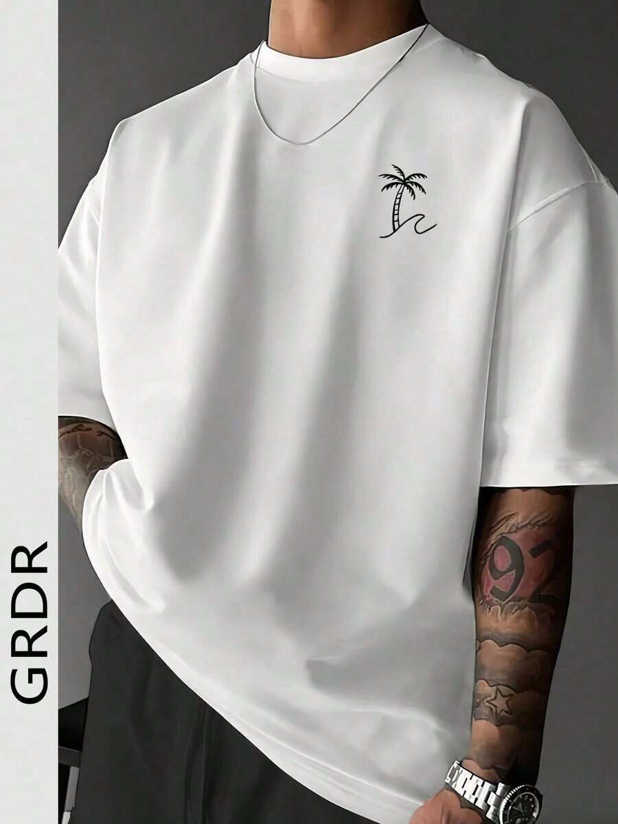 Camiseta de manga corta con cuello redondo y estampado de palmeras de moda para hombre, informal - Blanco - Ver 1