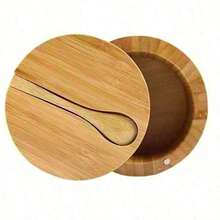 Bamboo Seasoning Box With Spoon Rotating Cover Bamboo Seasoning Pot Magnetic Suction Seasoning Pot Single Cell Salt Box, Food, Kitchen, Cooking, Seasoning, Spice, Party, Travel, Kitchen Items, Kitchen Tools, Kitchen Things. - Gold - View 1