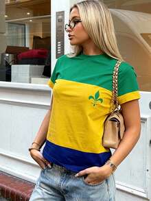 LOVE JOYY Women's Cropped Round Neck Top, Casual Iris Flower Print Colorblock, Spring/Summer Carnival Colorblock Blouse - Multicolor - View 3