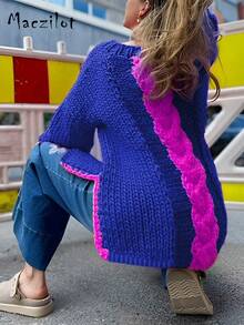 Plus Size Women Pullover Sweater, Colorblock Striped Fashion Knit Top, Loose Casual Style, Autumn/Winter - Royal Blue - View 4