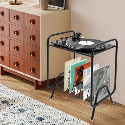 2-Tier Record Player Stand With 16 Slots, White/Black Record Storage Stand 47x35.6x61cm, 2-Tier Modern Media Console With 16 Album Slots, Compact Storage For Turntable & Records In White Or Black, Easy Move With Handles, Steel Media Console With Ventilated Shelf & Adjustable Feet