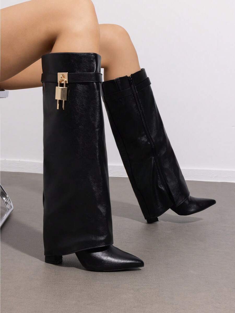 Women's High Heel Knee-High Boots Fold Over Cuff Padlock Pointed Toe Side Zipper Y2K Party Festival Tall Boots - BLACK-PU - View 1