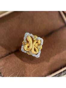 1枚18K镀金优雅锆石戒指，意大利编织四叶草和蛇形设计，女士款 - 黃金色 - 查看 1