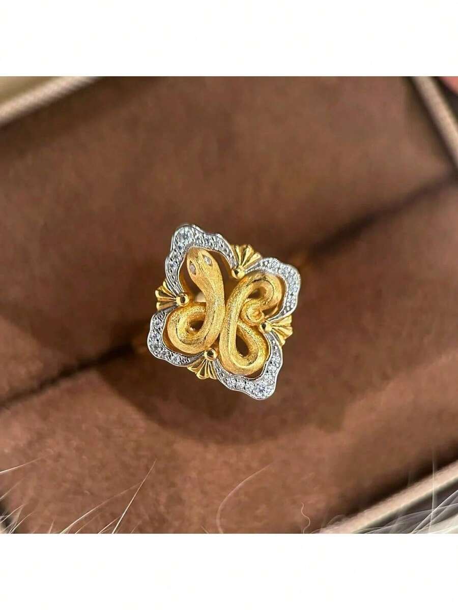 1枚18K镀金优雅锆石戒指，意大利编织四叶草和蛇形设计，女士款 - 黃金色 - 查看 1