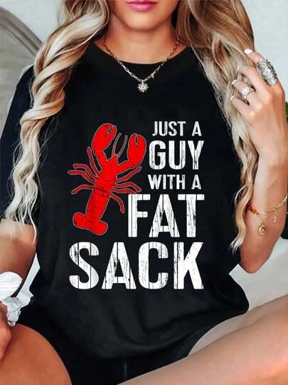 100% Cotton Crawfish Boil Tee Funny Just A Guy With A Fat Sack Crawfish T-Shirt Women's Vintage Relaxed Fit Tee Premium Soft Tops Printing Round Neck Fashion Shirts