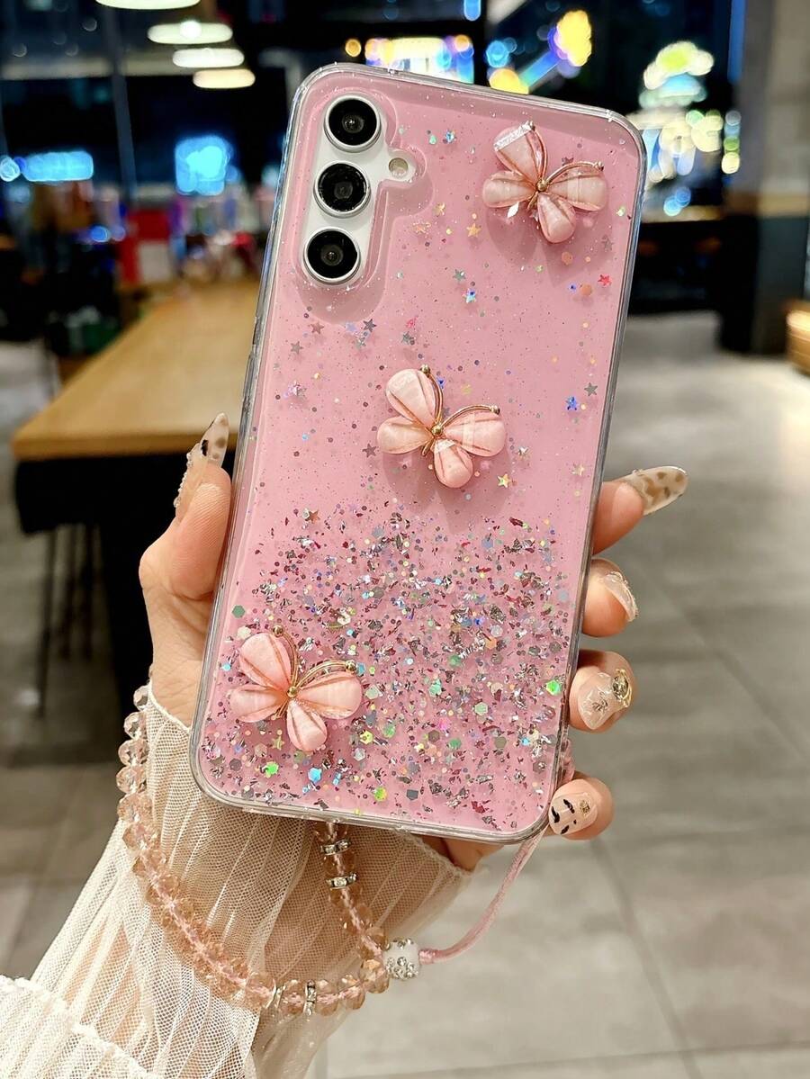 闪亮星空水滴 TPU 手机壳，星空设计，配有配套腕带，兼容 Apple 17 ProMax/17Air/16/15/14/13/12/11 Galaxy 系列 A73/A72/A71/A56/A55/A54/A53/A52s/A50/A36/A35/A34/A33/A32/A31/A26/A25/A24/S25Ultra/S24/S23PLUS/S22。 - 粉色 - 查看 1