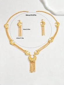 4 pièces/set Ensemble de bijoux élégant avec boucles d'oreilles à plusieurs couches avec gland en forme de lune et collier, pour femmes, mariée, fête, mariage - Or jaune - Voir 7