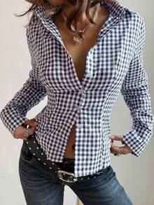 GLOpass 复古撞色格纹收腰衬衫，适合通勤、休闲外出、派对穿着 - 藍白色 - 查看 6