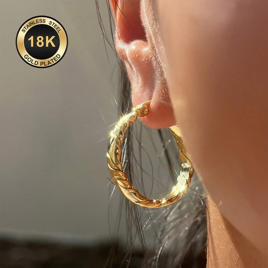 Khuyên tai vòng nữ bằng thép không gỉ chất lượng cao, chốt tai bằng thép không gỉ 316L không gây dị ứng, mạ vàng 18K chống phai màu và chống mài mòn, kiểu dáng độc đáo, quyến rũ, thời trang, thích hợp để đeo hàng ngày, dự tiệc lễ hội, kỳ nghỉ. - Vàng - Xem 1